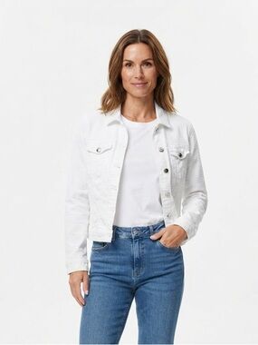 Un Jour Ailleurs White Textured Denim Jacket  Button-Up Crop Trucker Size 12